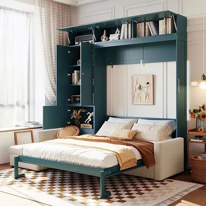 Queen Size Murphy Bed with Sofa and Cabinet, Wooden Queen Cabinet Bed Wall Bed with Shelves, Folding Wall Chest Bed for Guest Room Office