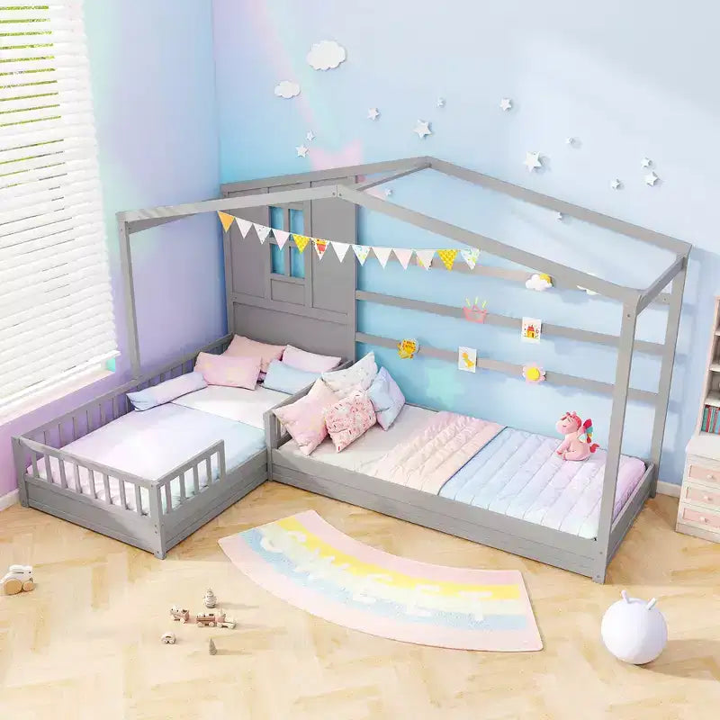 L-Shaped Double Twin Beds House Platform Beds with Window & Fences ¡ª Gray/White