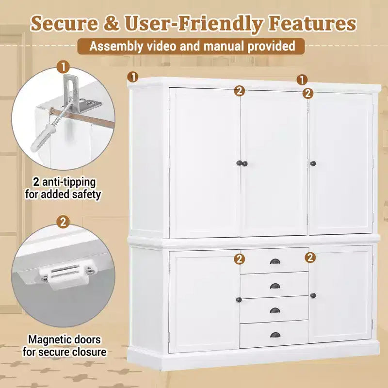 Whisen 73 Freestanding Wooden Kitchen Pantry Cabinet with Drawers and Adjustable Shelves for Storage and Organization in Dining Room or Kitchen