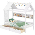 House Platform Bed with Storage Drawers and Window, Solid Wood Frame with Shelves, Childlike Fun Design, Light White