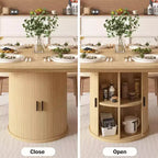 Dyonery 63 Extendable Round Kitchen Dining Room Table with 2-Tier Storage Shelf, with Pedestal Base, Wood Oval Circle Dinner Furniture, Walnut