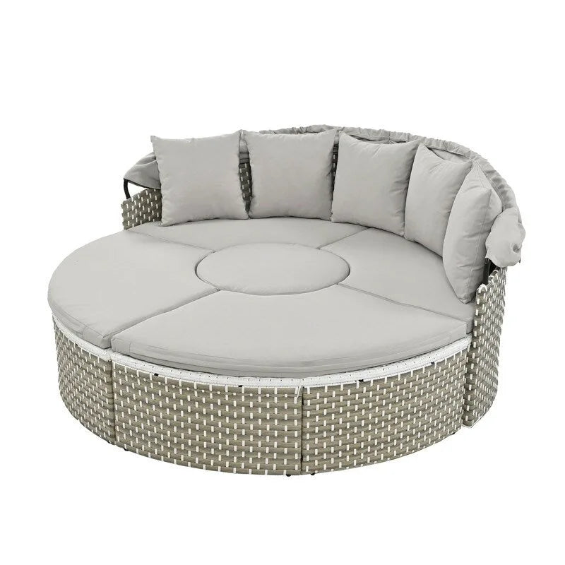 Round Outdoor Daybed Two-Tone Weave Sunbed with Retractable Canopy