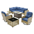 OVIOS 9 Pieces Outdoor Wicker Swivel Chair Set With Fire Table