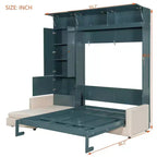 Queen Size Murphy Bed with Sofa and Cabinet, Wooden Queen Cabinet Bed Wall Bed with Shelves, Folding Wall Chest Bed for Guest Room Office