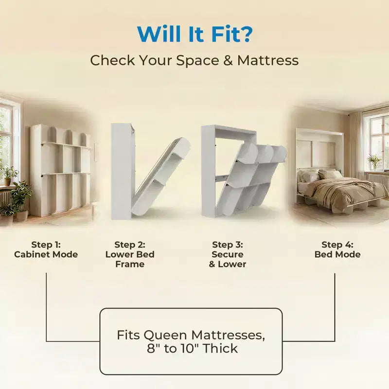 2-in-1 Invisible Murphy Bed with Shelf Storage, Queen Size, Natural Wood (Mattress Not Included)