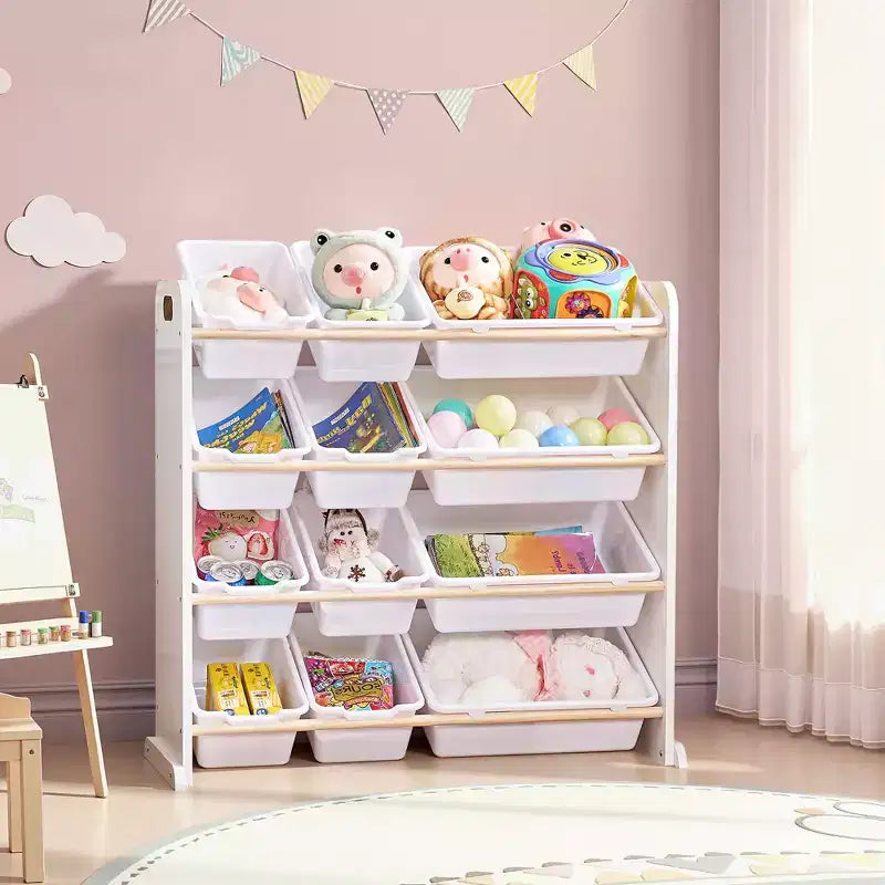 VECELO Kids Bookshelf Toy Storage with 12 Bins, Wooden Toy Rack for Toddlers, Large-Capacity Playroom Storage for Books or Toys