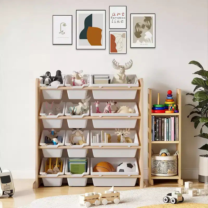 VECELO Kids Bookshelf Toy Storage with 12 Bins, Wooden Toy Rack for Toddlers, Large-Capacity Playroom Storage for Books or Toys