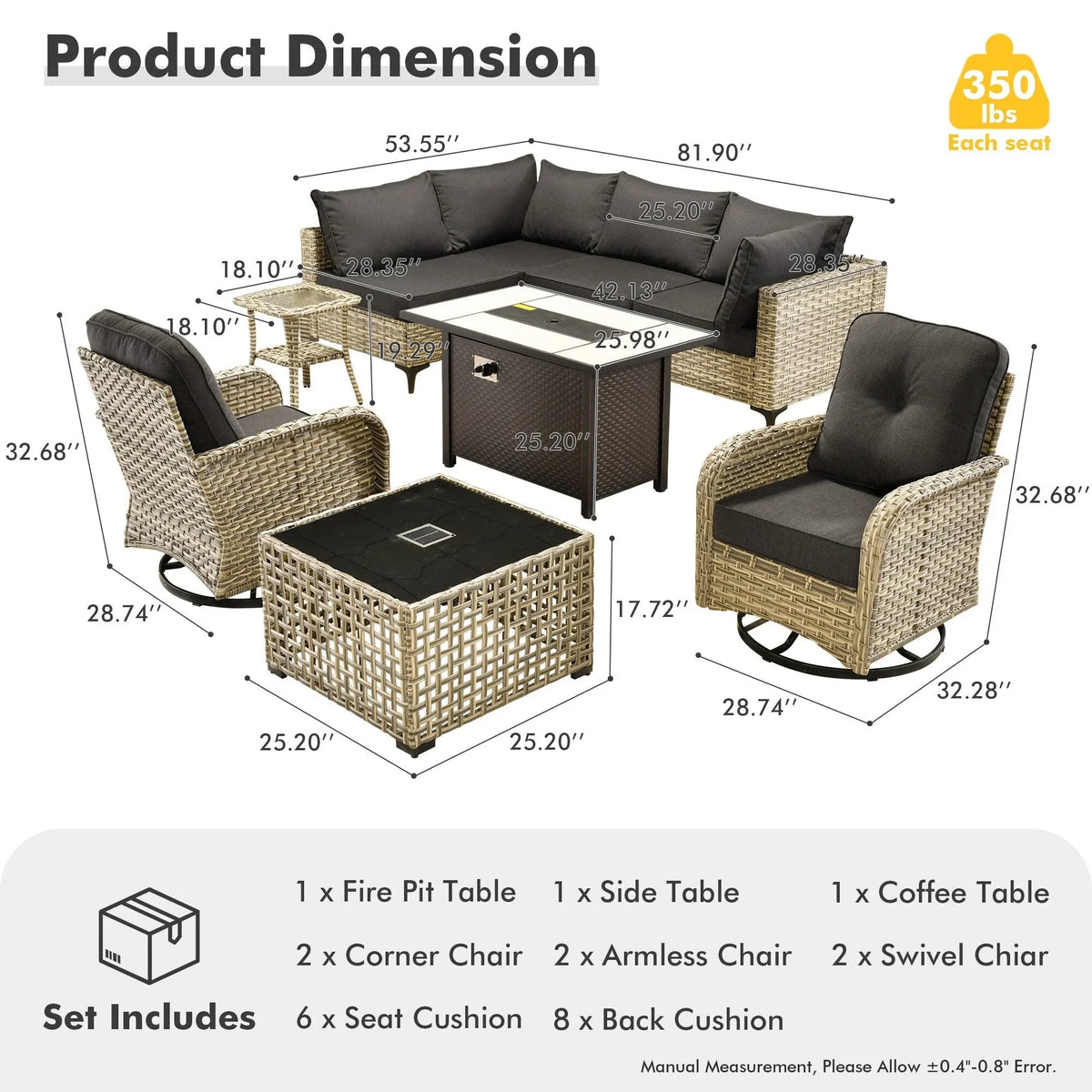 OVIOS 9 Pieces Outdoor Wicker Swivel Chair Set With Fire Table