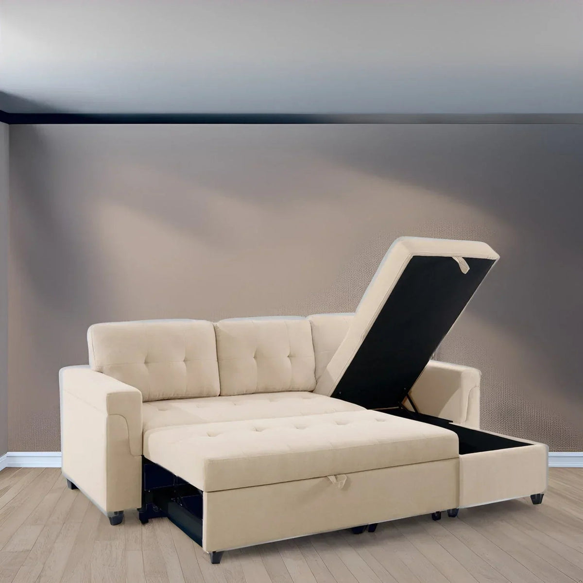 Convertible Reversible Sectional Sofa with Pull-Out Sleeper Bed, Hidden Storage Chaise, and Durable Legs
