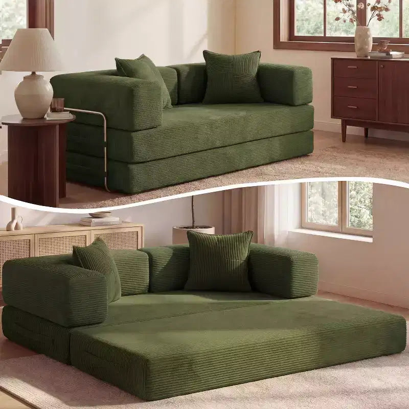Dyonery 65-in five-in-one folding floor sofa bed, convertible into a double bed sofa bed, with a fixed metal frame, corduroy