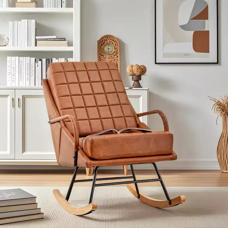 VECELO Upholstered Faux Leather/Teddy Fabric Rocking Chair Modern Lounge Rocker Recliner with Padded Seat, Safe Solid Wood Base White/Brown