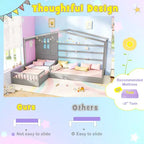 L-Shaped Double Twin Beds House Platform Beds with Window & Fences ¡ª Gray/White