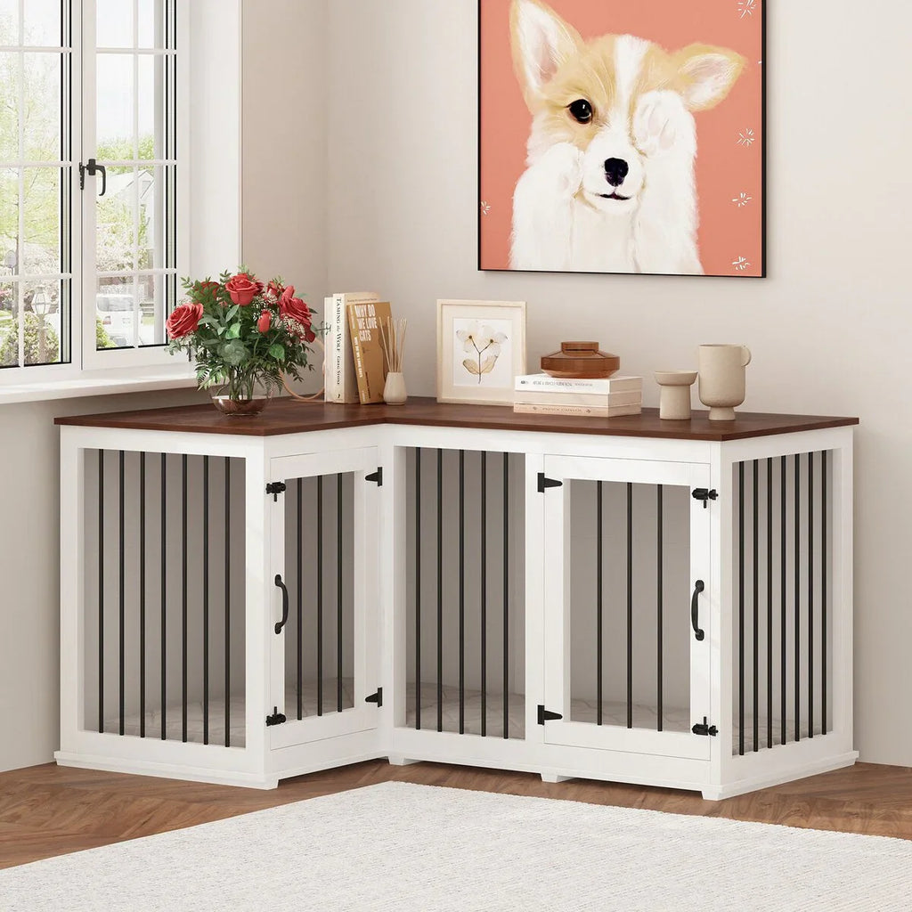 Large Corner Dog Crate Furniture for 2 Dogs, L Shape Dog Crate Cage - 58.7X41.1