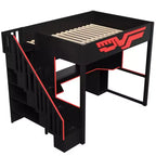 Whisen Full Size Gaming Loft Bed Frame with Desk and Storage Staircase - Red & Black