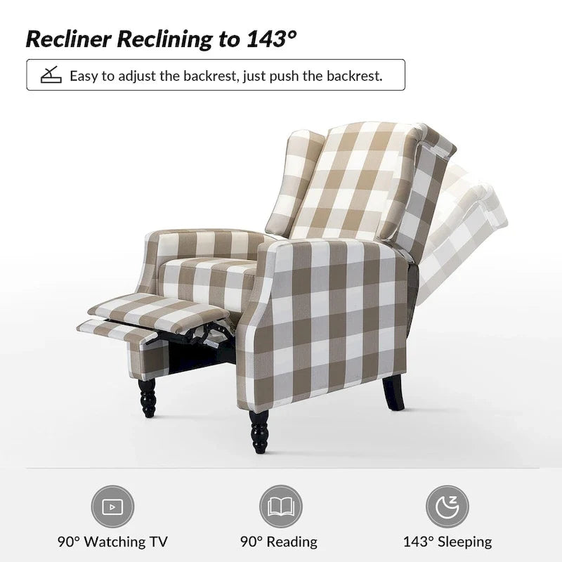 Mid-Century Modern Manual Pushback Recliner with Wingback Design