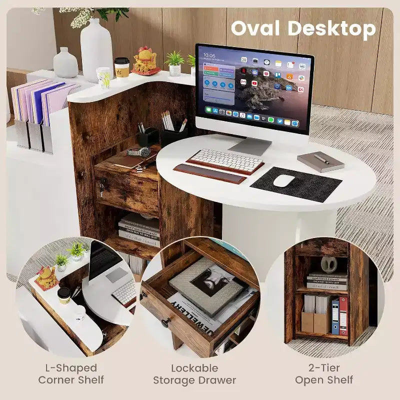 Costway Front Reception Counter Desk Checkout Office Desk with Open Shelf & Lockable Drawer White/Brown/Black