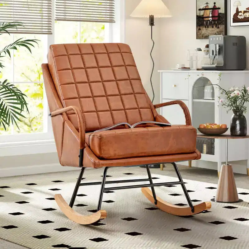 VECELO Upholstered Faux Leather/Teddy Fabric Rocking Chair Modern Lounge Rocker Recliner with Padded Seat, Safe Solid Wood Base White/Brown