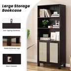 TUYOHW Tall Bookcase with Rattan Doors,5-Shelf Freestanding Storage Cabinet,Bookshelf for Living Room,Bedroom,Home Office