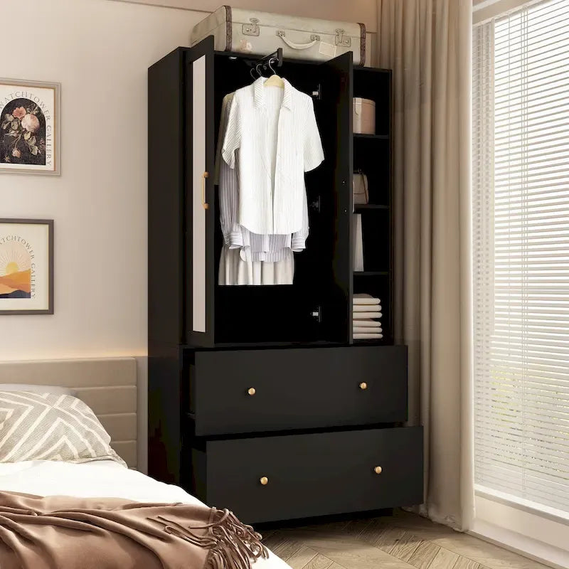 Wardrobe Clo Armoire wi/Mirror & Scalable Hanging Rod Space Saving