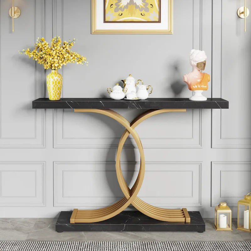 Black/ Gold Modern Sofa Table with Faux Marble Tabletop, 39 Inches Wood Foyer Table with Geometric Metal Legs for Entryway