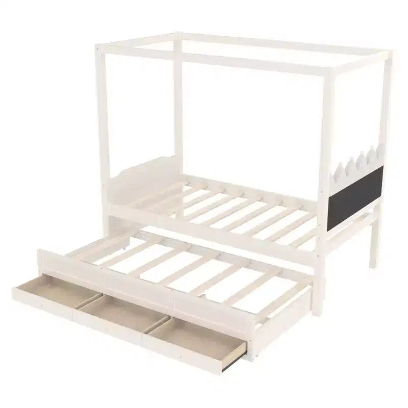 Twin/Full Size Platform Bed with Trundle, Princess Wood Canopy Bed with 3 Drawers, Storage Bed with Upholstered Headboard for Bedroom