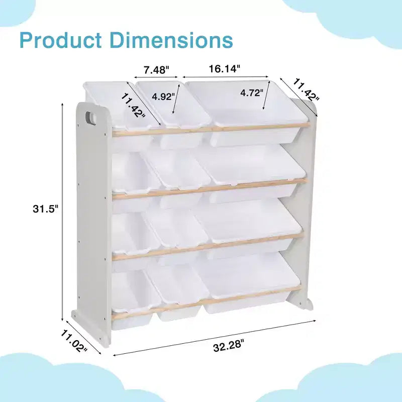 VECELO Kids Bookshelf Toy Storage with 12 Bins, Wooden Toy Rack for Toddlers, Large-Capacity Playroom Storage for Books or Toys