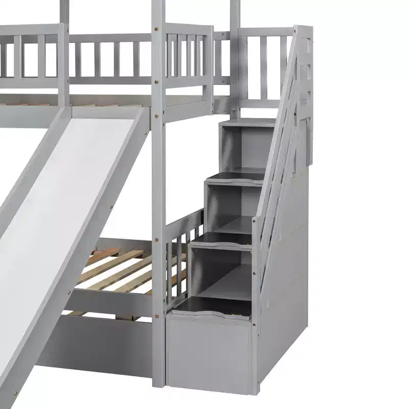 Whisen Twin over Twin House Bunk Bed with Trundle and Slide, Storage Staircase, Roof and Window Design