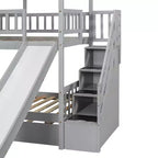 Whisen Twin over Twin House Bunk Bed with Trundle and Slide, Storage Staircase, Roof and Window Design