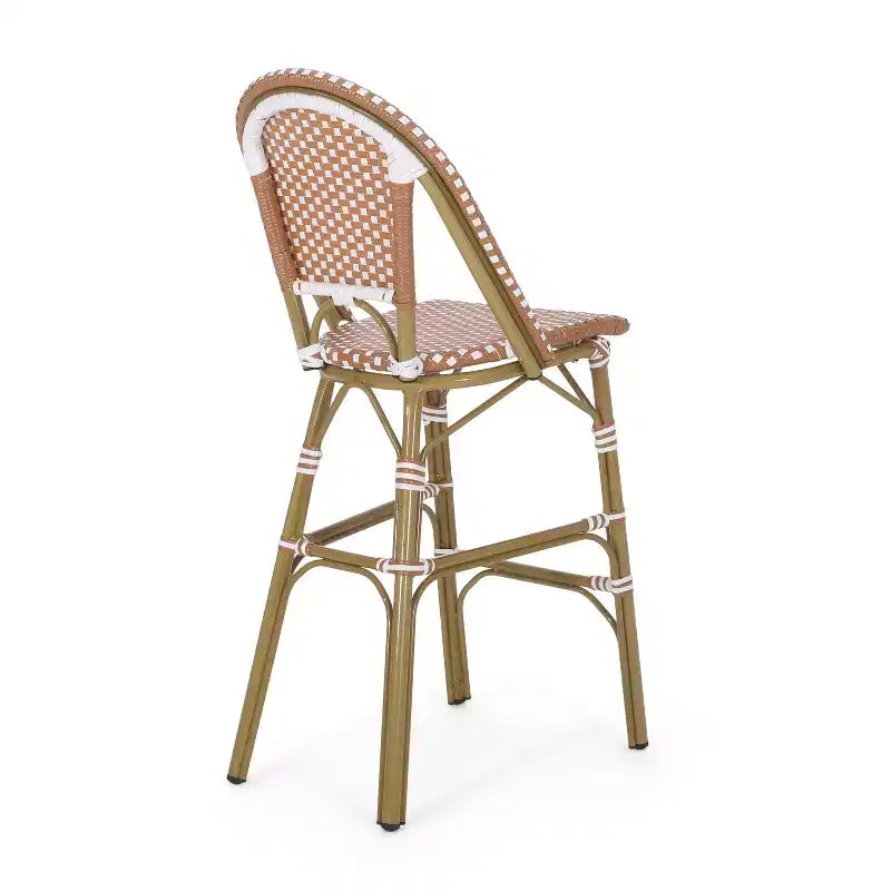 sumyeg 29.5 Outdoor French Bistro Bar Stools Set of 2, PE Rattan Wicker with Aluminum Frame, Bamboo Look Finish, Rust Red & White