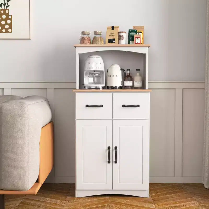 sumyeg Wooden Kitchen Pantry Storage Cabinet with Drawer and Microwave Shelf