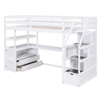 Twin Size Loft Bed with Desk and Shelves, Two Built-in Drawers, Storage Staircase