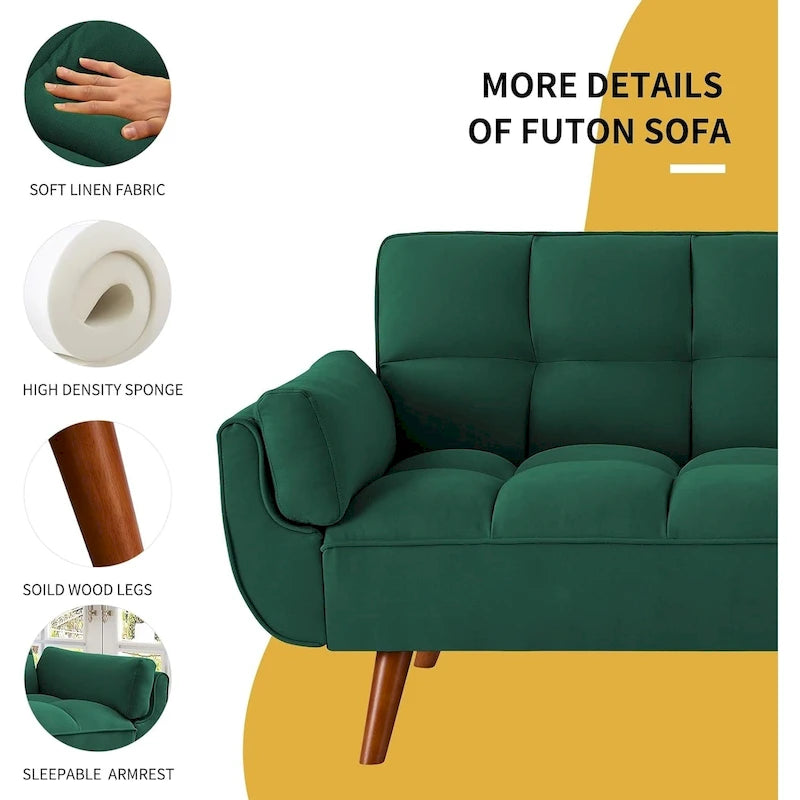 75.39 INCH Futon Sofa Bed, Convertible Folding Futon Couch Recliner Lounge For Living Room With 2 Pillow/Armrest