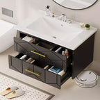 Modern Floating Bathroom Vanity Set with Basin - Wall-Mounted Cabinet with Soft-Close Storage Drawer and Gold Handle, 24 or 30 Size