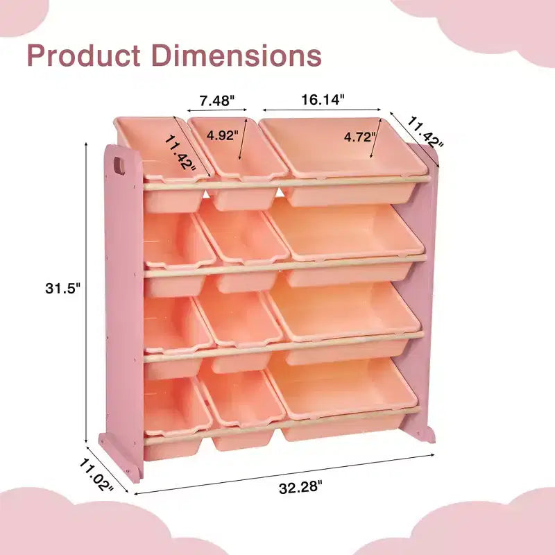 VECELO Kids Bookshelf Toy Storage with 12 Bins, Wooden Toy Rack for Toddlers, Large-Capacity Playroom Storage for Books or Toys