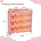 VECELO Kids Bookshelf Toy Storage with 12 Bins, Wooden Toy Rack for Toddlers, Large-Capacity Playroom Storage for Books or Toys