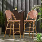 sumyeg 29.5 Outdoor French Bistro Bar Stools Set of 2, PE Rattan Wicker with Aluminum Frame, Bamboo Look Finish, Rust Red & White