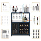 Grey 3-Tier Industrial Wine Bar Cabinet (12+ Bottles)  36H x 24W x 15D, Detachable Rack, 9 Glass Holders & Adjustable Shelves for Home/Bar