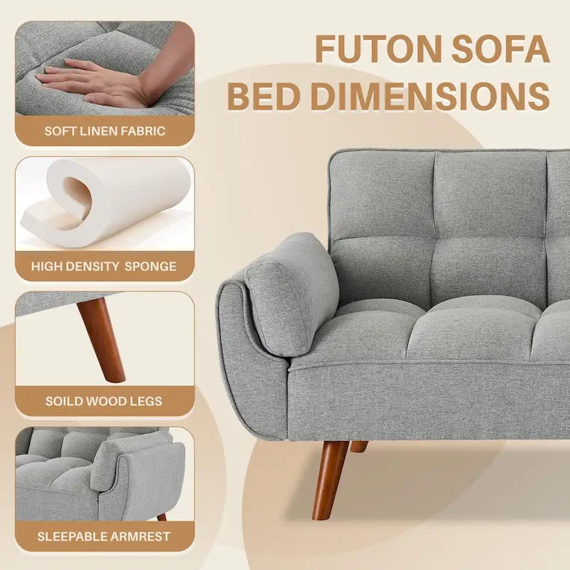 75.39 INCH Futon Sofa Bed, Convertible Folding Futon Couch Recliner Lounge For Living Room With 2 Pillow/Armrest
