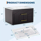 Modern Floating Bathroom Vanity Set with Basin - Wall-Mounted Cabinet with Soft-Close Storage Drawer and Gold Handle, 24 or 30 Size