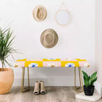 White Checkered Flowers Bench Yellow - Faux Leather Upholstered with Steel Legs