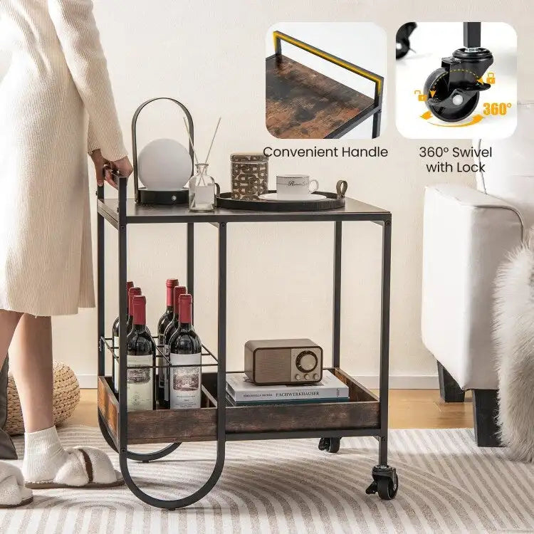 Rolling Buffet Serving Cart with Removable Metal Wire Wine Rack-Brown - 24 x 17 x 29 (L x W x H)