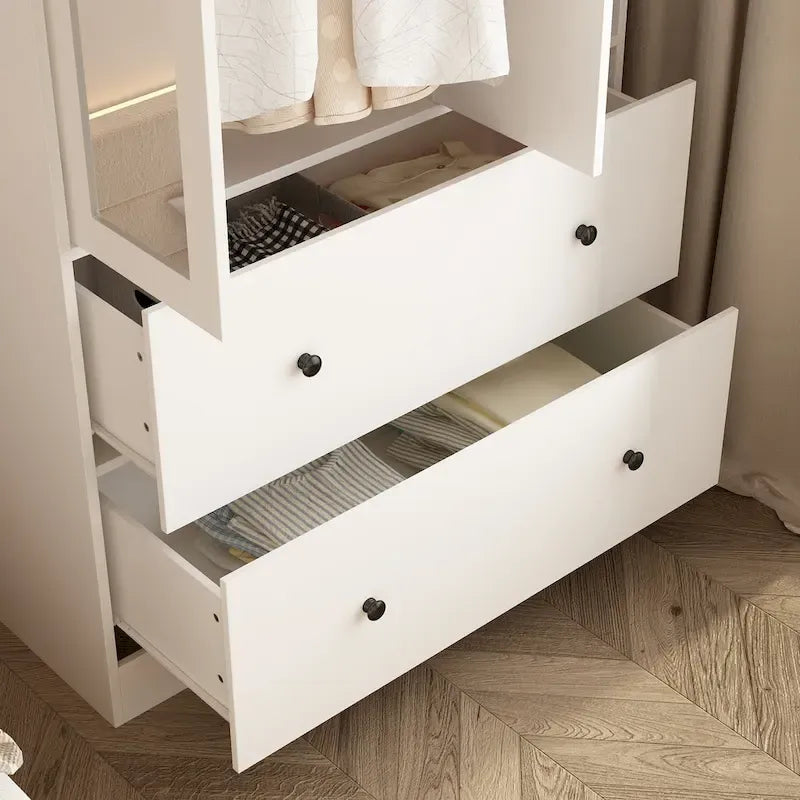 Wardrobe Clo Armoire wi/Mirror & Scalable Hanging Rod Space Saving