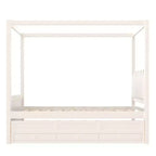 Twin/Full Size Platform Bed with Trundle, Princess Wood Canopy Bed with 3 Drawers, Storage Bed with Upholstered Headboard for Bedroom