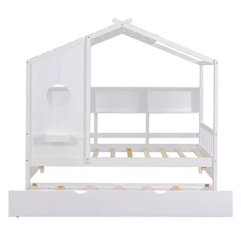Twin Size House Bed with Trundle and Storage Shelf for Kids, White