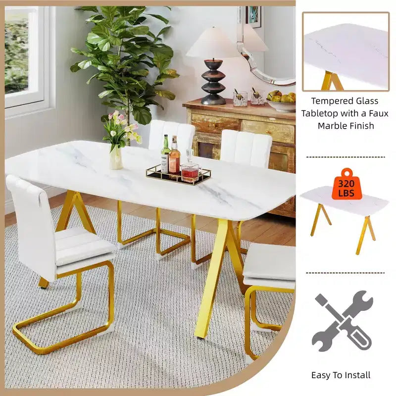 GDFStudio Daniela Modern Tempered Glass Rectangular Dining Table with Marble Design and Metal Legs