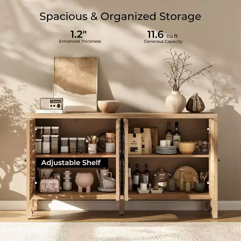 Buffet Cabinet with Storage, Distressed Storage Cabinet with 4 Carved Doors and Adjustable Shelf, Wooden Accent Sideboard Buffet Cabinets