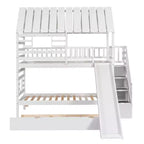 Whisen Twin over Twin House Bunk Bed with Trundle and Slide, Storage Staircase, Roof and Window Design