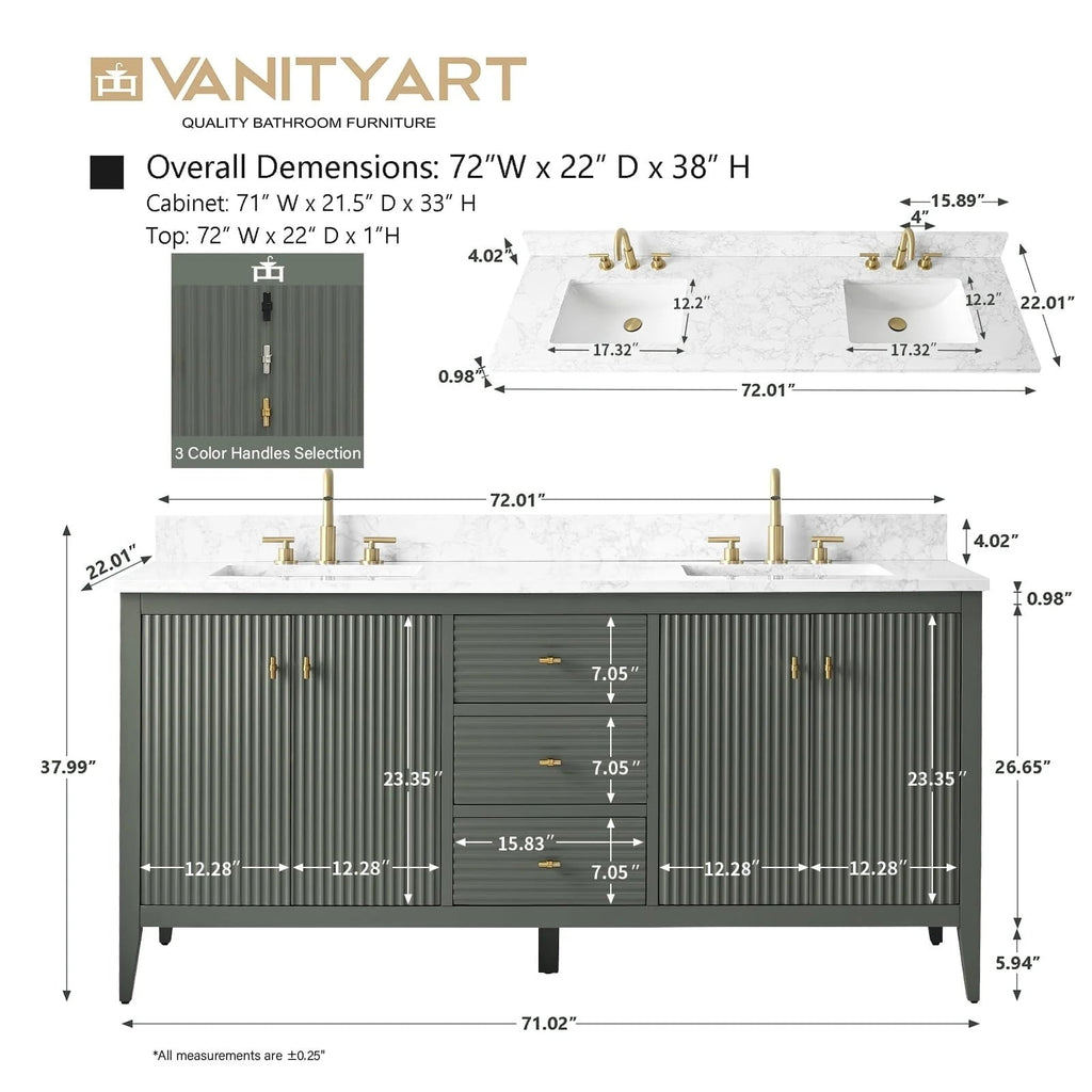 Vanity Art 72 Double Sink Bathroom Vanity Cabinet with Engineered Marble Top