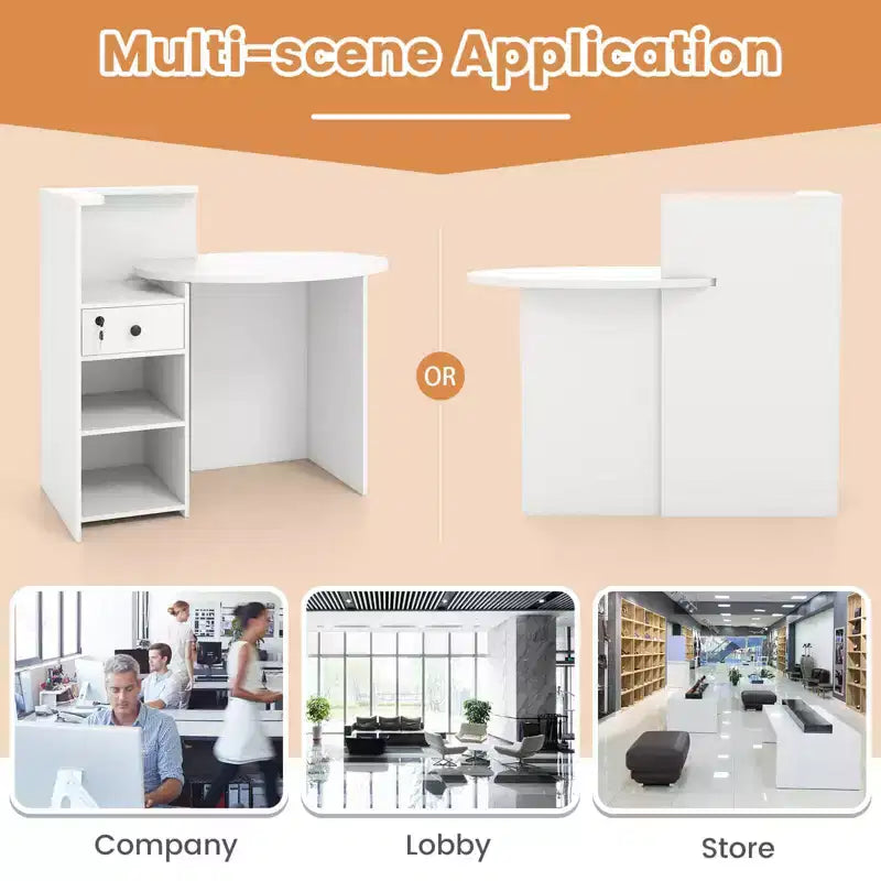 Costway Front Reception Counter Desk Checkout Office Desk with Open Shelf & Lockable Drawer White/Brown/Black