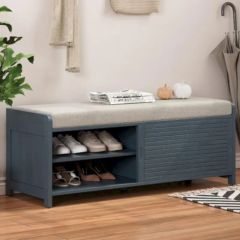 43.30 Solid Wood Storage Bench with Contemporary Distressed Blinds